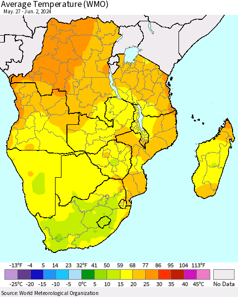 Southern Africa Average Temperature (WMO) Thematic Map For 5/27/2024 - 6/2/2024