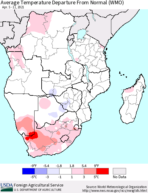 Southern Africa Average Temperature Departure from Normal (WMO) Thematic Map For 4/5/2021 - 4/11/2021