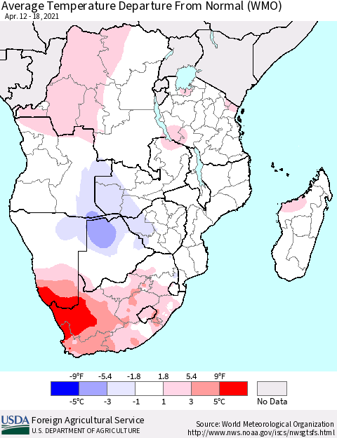 Southern Africa Average Temperature Departure from Normal (WMO) Thematic Map For 4/12/2021 - 4/18/2021