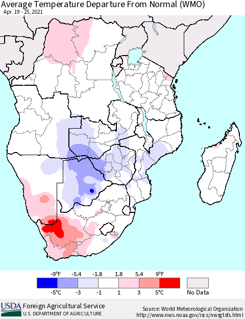 Southern Africa Average Temperature Departure from Normal (WMO) Thematic Map For 4/19/2021 - 4/25/2021
