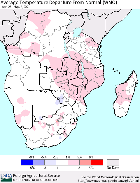 Southern Africa Average Temperature Departure from Normal (WMO) Thematic Map For 4/26/2021 - 5/2/2021