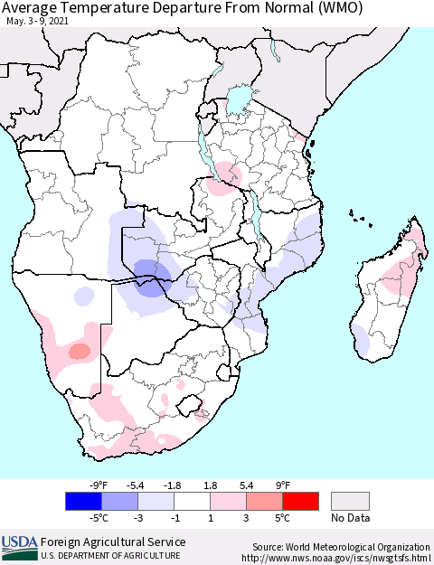 Southern Africa Average Temperature Departure from Normal (WMO) Thematic Map For 5/3/2021 - 5/9/2021
