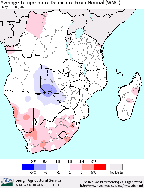 Southern Africa Average Temperature Departure from Normal (WMO) Thematic Map For 5/10/2021 - 5/16/2021