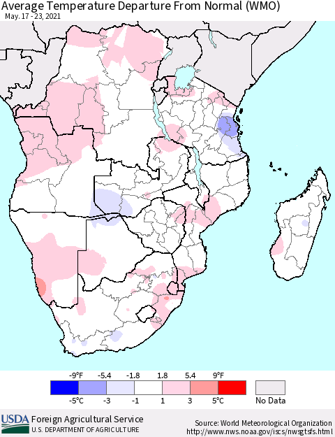 Southern Africa Average Temperature Departure from Normal (WMO) Thematic Map For 5/17/2021 - 5/23/2021
