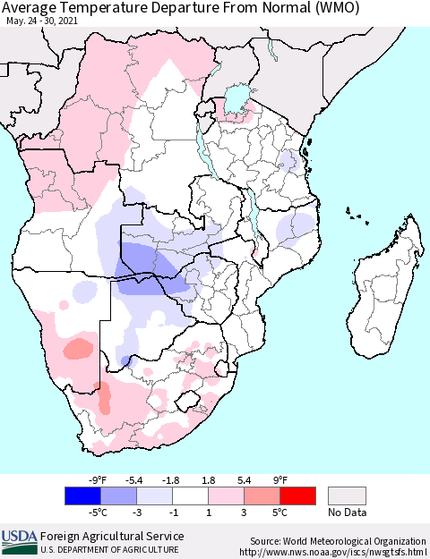 Southern Africa Average Temperature Departure from Normal (WMO) Thematic Map For 5/24/2021 - 5/30/2021