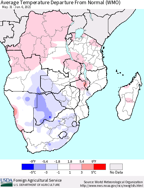 Southern Africa Average Temperature Departure from Normal (WMO) Thematic Map For 5/31/2021 - 6/6/2021