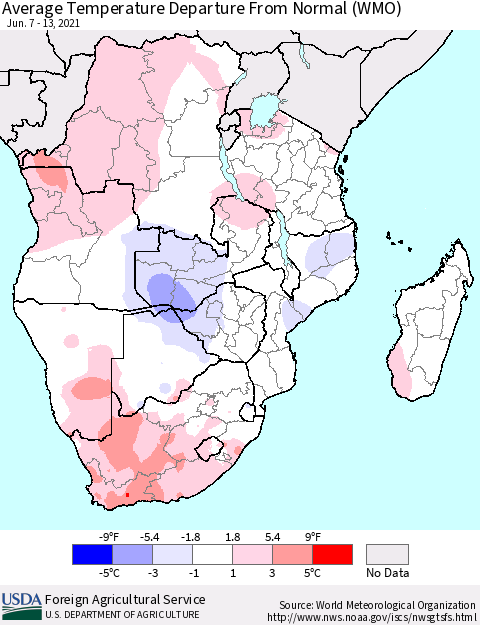 Southern Africa Average Temperature Departure from Normal (WMO) Thematic Map For 6/7/2021 - 6/13/2021