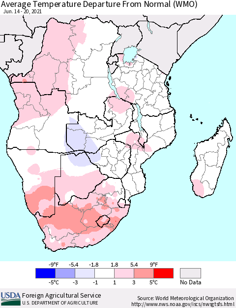 Southern Africa Average Temperature Departure from Normal (WMO) Thematic Map For 6/14/2021 - 6/20/2021