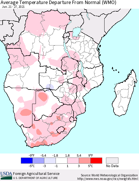 Southern Africa Average Temperature Departure from Normal (WMO) Thematic Map For 6/21/2021 - 6/27/2021
