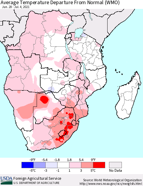 Southern Africa Average Temperature Departure from Normal (WMO) Thematic Map For 6/28/2021 - 7/4/2021