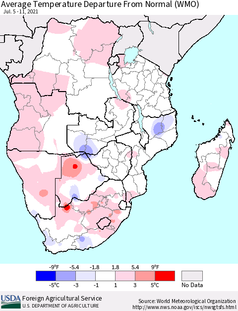 Southern Africa Average Temperature Departure from Normal (WMO) Thematic Map For 7/5/2021 - 7/11/2021
