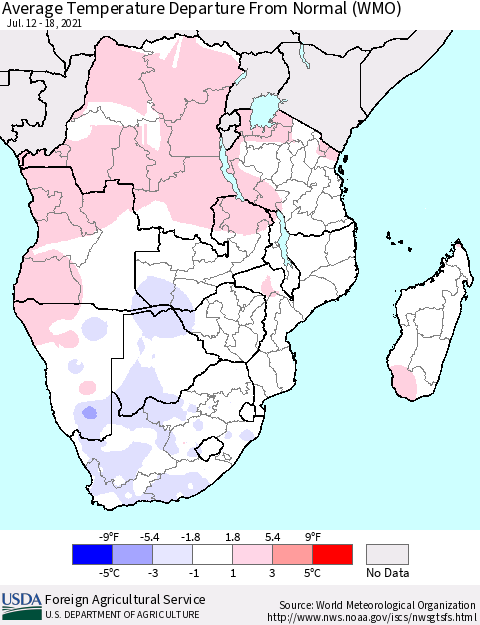 Southern Africa Average Temperature Departure from Normal (WMO) Thematic Map For 7/12/2021 - 7/18/2021
