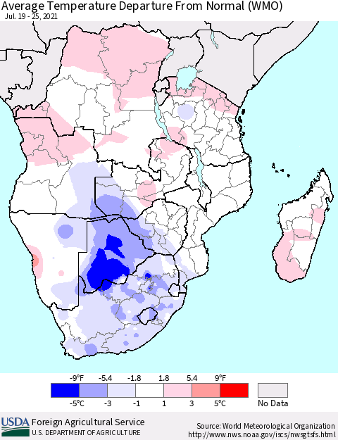 Southern Africa Average Temperature Departure from Normal (WMO) Thematic Map For 7/19/2021 - 7/25/2021