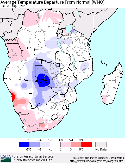 Southern Africa Average Temperature Departure from Normal (WMO) Thematic Map For 7/26/2021 - 8/1/2021