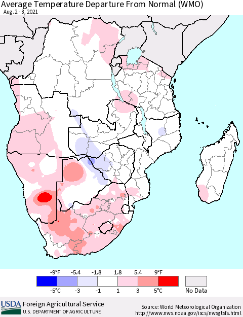 Southern Africa Average Temperature Departure from Normal (WMO) Thematic Map For 8/2/2021 - 8/8/2021