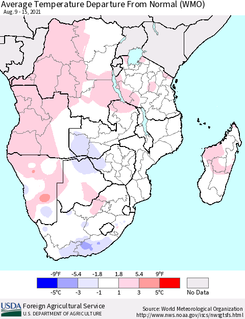 Southern Africa Average Temperature Departure from Normal (WMO) Thematic Map For 8/9/2021 - 8/15/2021