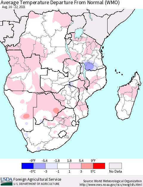 Southern Africa Average Temperature Departure from Normal (WMO) Thematic Map For 8/16/2021 - 8/22/2021