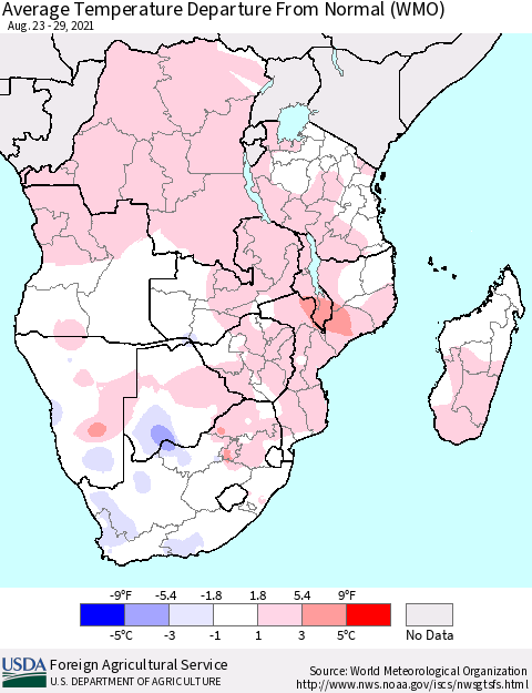 Southern Africa Average Temperature Departure from Normal (WMO) Thematic Map For 8/23/2021 - 8/29/2021