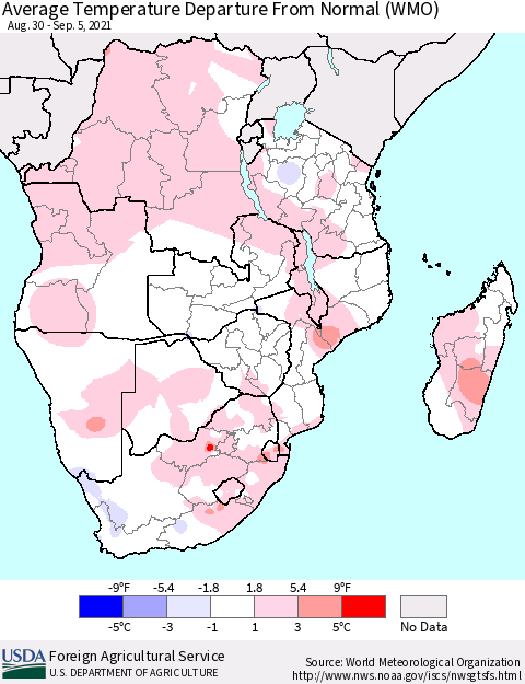 Southern Africa Average Temperature Departure from Normal (WMO) Thematic Map For 8/30/2021 - 9/5/2021