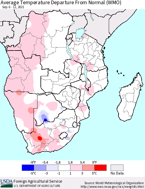 Southern Africa Average Temperature Departure from Normal (WMO) Thematic Map For 9/6/2021 - 9/12/2021