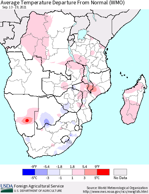 Southern Africa Average Temperature Departure from Normal (WMO) Thematic Map For 9/13/2021 - 9/19/2021