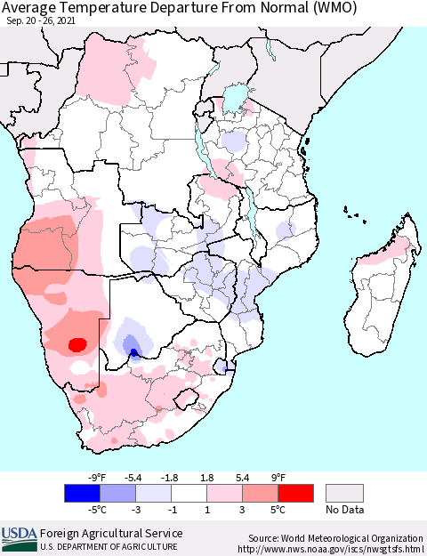 Southern Africa Average Temperature Departure from Normal (WMO) Thematic Map For 9/20/2021 - 9/26/2021