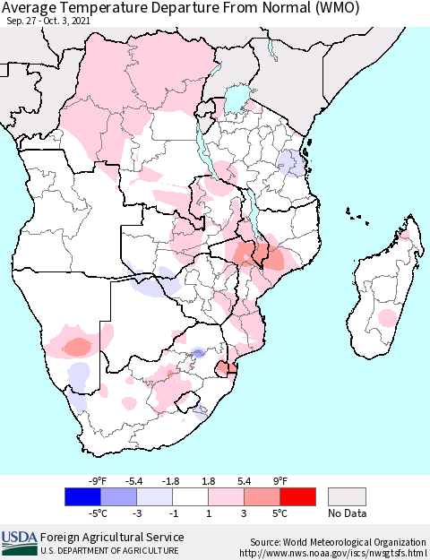 Southern Africa Average Temperature Departure from Normal (WMO) Thematic Map For 9/27/2021 - 10/3/2021