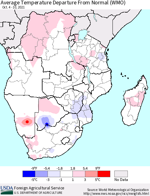Southern Africa Average Temperature Departure from Normal (WMO) Thematic Map For 10/4/2021 - 10/10/2021