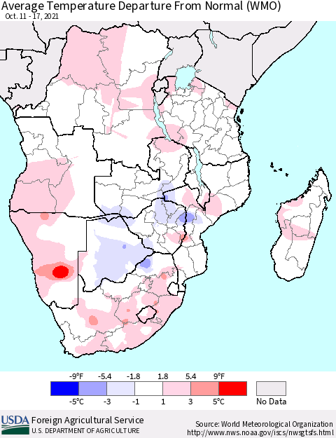 Southern Africa Average Temperature Departure from Normal (WMO) Thematic Map For 10/11/2021 - 10/17/2021