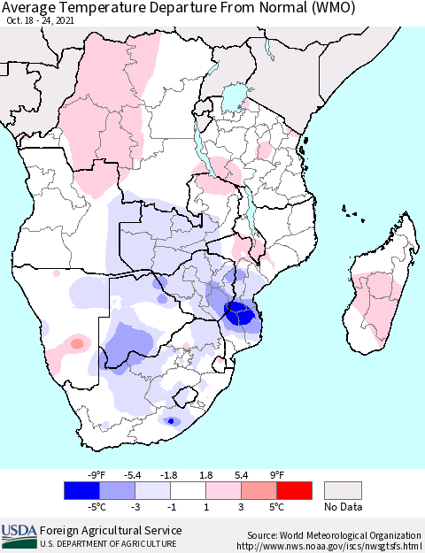 Southern Africa Average Temperature Departure from Normal (WMO) Thematic Map For 10/18/2021 - 10/24/2021