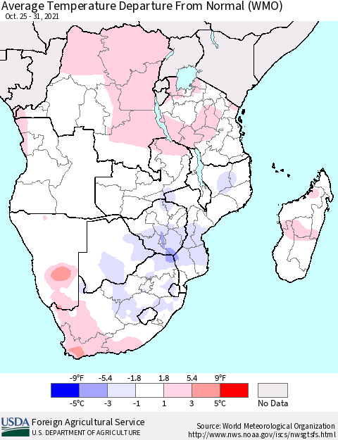 Southern Africa Average Temperature Departure from Normal (WMO) Thematic Map For 10/25/2021 - 10/31/2021