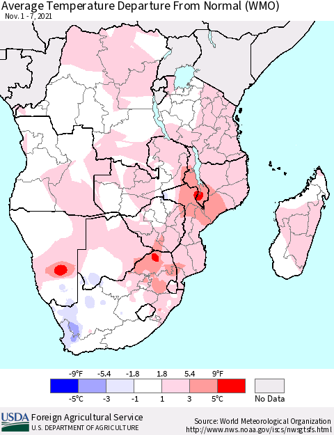 Southern Africa Average Temperature Departure from Normal (WMO) Thematic Map For 11/1/2021 - 11/7/2021