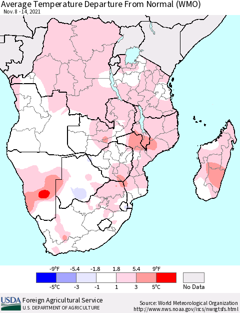 Southern Africa Average Temperature Departure from Normal (WMO) Thematic Map For 11/8/2021 - 11/14/2021
