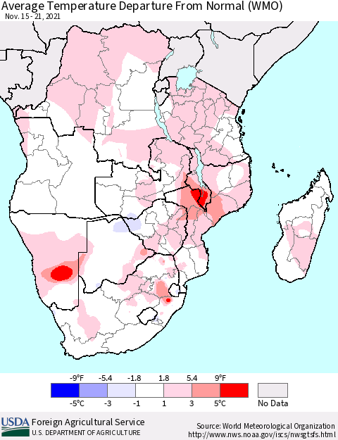 Southern Africa Average Temperature Departure from Normal (WMO) Thematic Map For 11/15/2021 - 11/21/2021