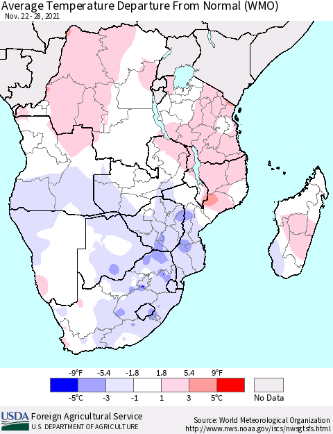 Southern Africa Average Temperature Departure from Normal (WMO) Thematic Map For 11/22/2021 - 11/28/2021