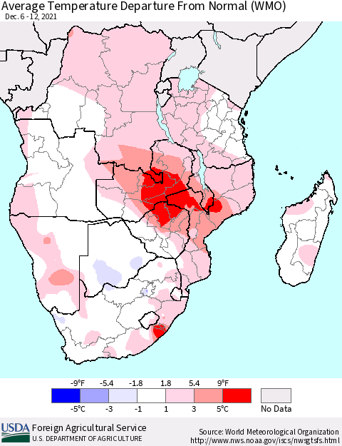 Southern Africa Average Temperature Departure from Normal (WMO) Thematic Map For 12/6/2021 - 12/12/2021