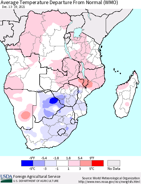 Southern Africa Average Temperature Departure from Normal (WMO) Thematic Map For 12/13/2021 - 12/19/2021