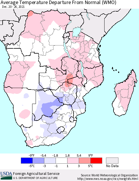 Southern Africa Average Temperature Departure from Normal (WMO) Thematic Map For 12/20/2021 - 12/26/2021