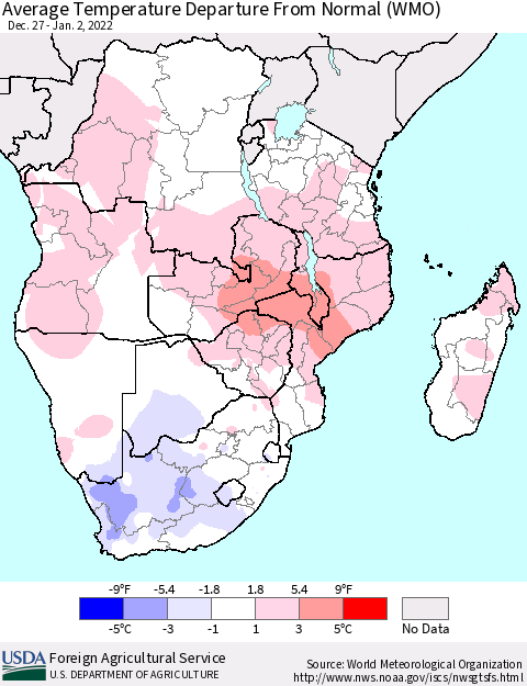Southern Africa Average Temperature Departure from Normal (WMO) Thematic Map For 12/27/2021 - 1/2/2022