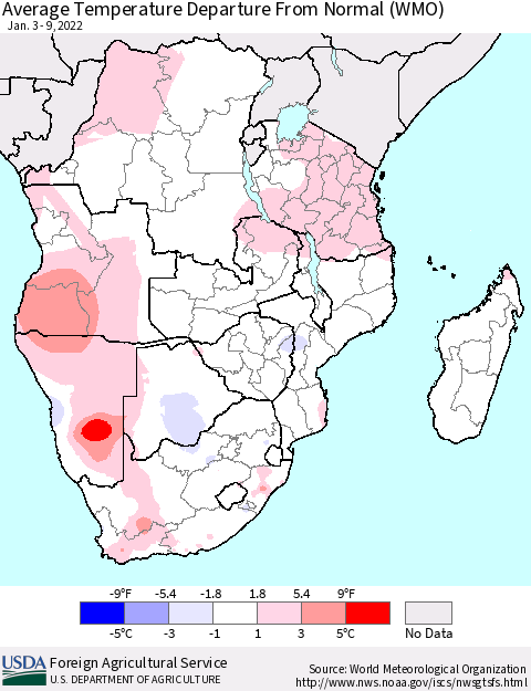 Southern Africa Average Temperature Departure from Normal (WMO) Thematic Map For 1/3/2022 - 1/9/2022