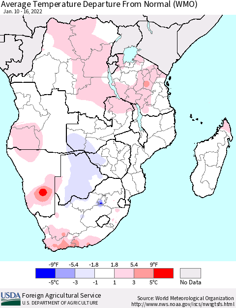 Southern Africa Average Temperature Departure from Normal (WMO) Thematic Map For 1/10/2022 - 1/16/2022