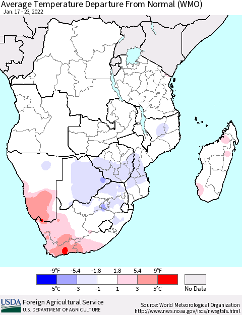 Southern Africa Average Temperature Departure from Normal (WMO) Thematic Map For 1/17/2022 - 1/23/2022