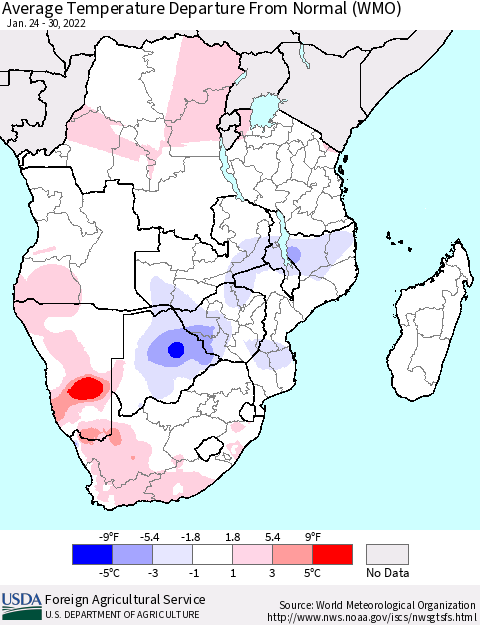 Southern Africa Average Temperature Departure from Normal (WMO) Thematic Map For 1/24/2022 - 1/30/2022