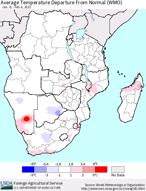 Southern Africa Average Temperature Departure from Normal (WMO) Thematic Map For 1/31/2022 - 2/6/2022