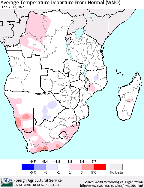 Southern Africa Average Temperature Departure from Normal (WMO) Thematic Map For 2/7/2022 - 2/13/2022