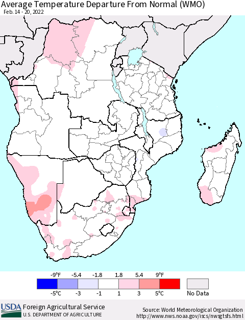 Southern Africa Average Temperature Departure from Normal (WMO) Thematic Map For 2/14/2022 - 2/20/2022