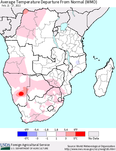 Southern Africa Average Temperature Departure from Normal (WMO) Thematic Map For 2/21/2022 - 2/27/2022