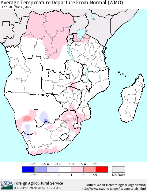 Southern Africa Average Temperature Departure from Normal (WMO) Thematic Map For 2/28/2022 - 3/6/2022