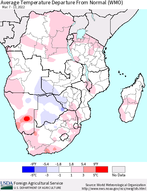 Southern Africa Average Temperature Departure from Normal (WMO) Thematic Map For 3/7/2022 - 3/13/2022