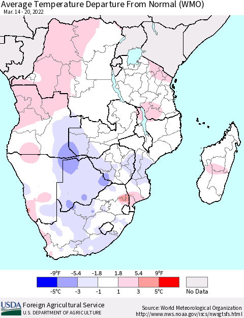 Southern Africa Average Temperature Departure from Normal (WMO) Thematic Map For 3/14/2022 - 3/20/2022